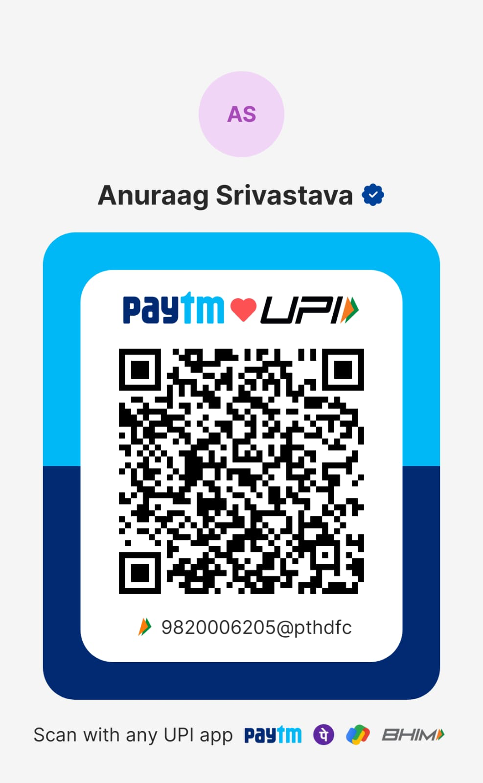 UPI donation QR code for 9820006205@pthdfc